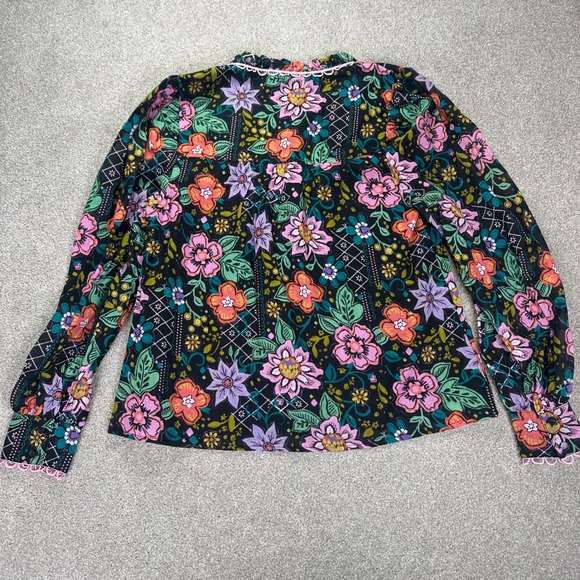 AVARA Black Floral S Print Button Front Blouse Long Sleeve Ruffle Collar Cotton - Picture 6 of 11